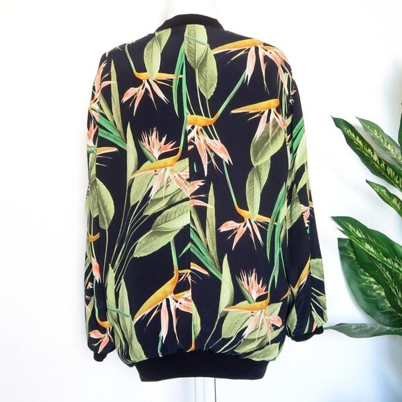 Zara Black Green Tropical Exotic Floral Oversized Bomber Jacket Size Medium - Picture 5 of 13